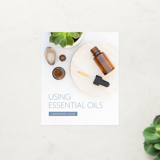 Booklet cover. Shows an unbranded bottle of essential oil, a dropper top, a succulent plant, and a stone. Title "Using Essential Oils a Beginner's Guide' in blue text.