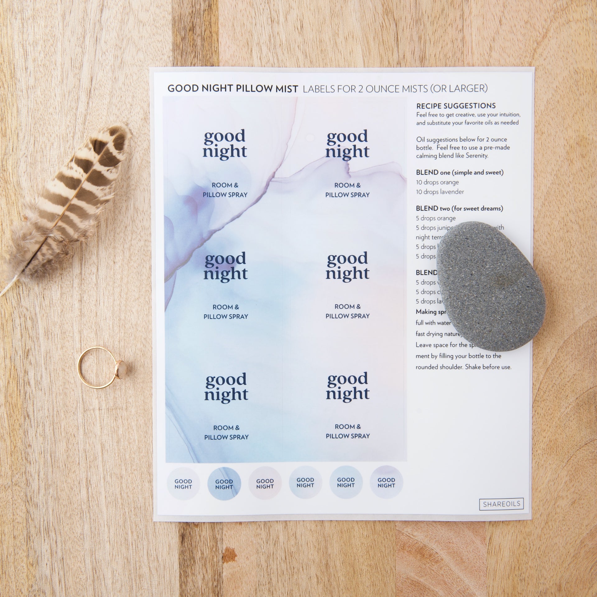 Good Night Pillow Mist Label + Recipes – Sheet of 6 Labels