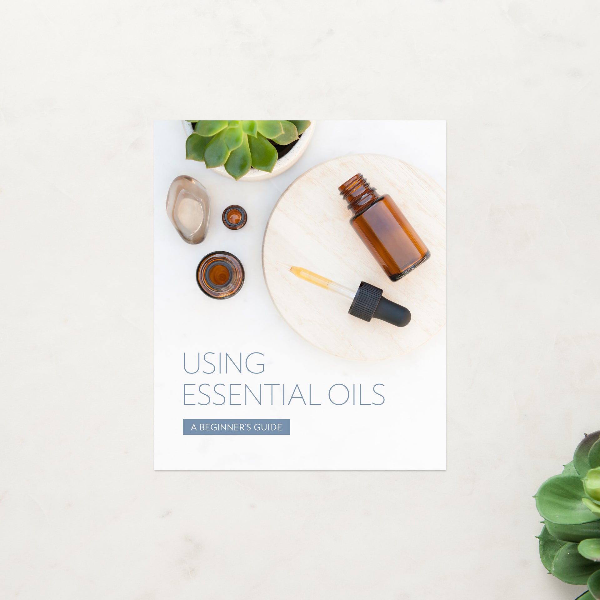 Booklet cover. Shows an unbranded bottle of essential oil, a dropper top, a succulent plant, and a stone. Title "Using Essential Oils a Beginner's Guide' in blue text.